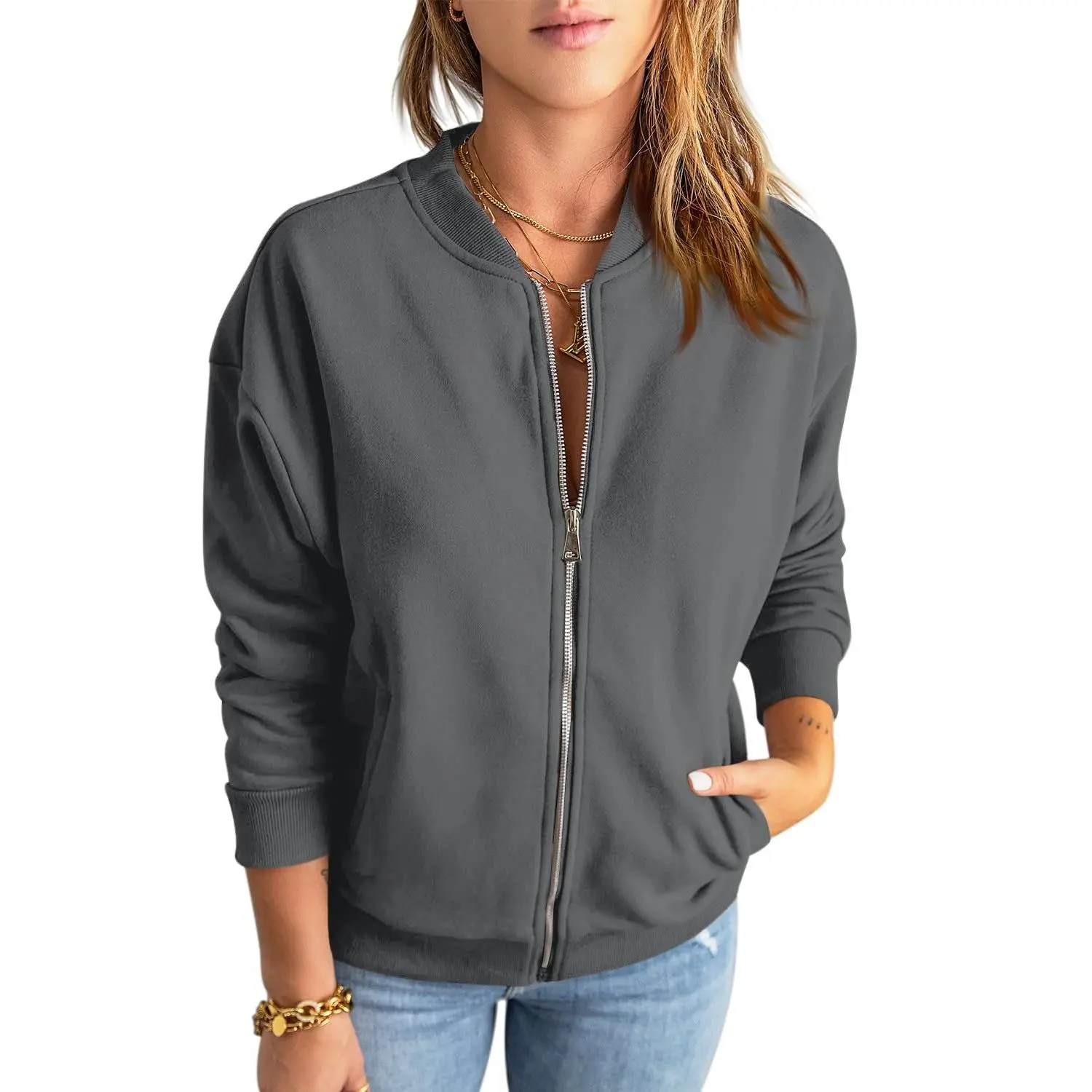 Fisoew Women's Bomber Jacket Casual Long Sleeve Full Zip-Up Sweatshirt with Pockets, Loose Fit Cotton Blend Summer Coats, Clothes, Tops, Basic, Women's Fashion,clothes for back to school,first day of school outfits