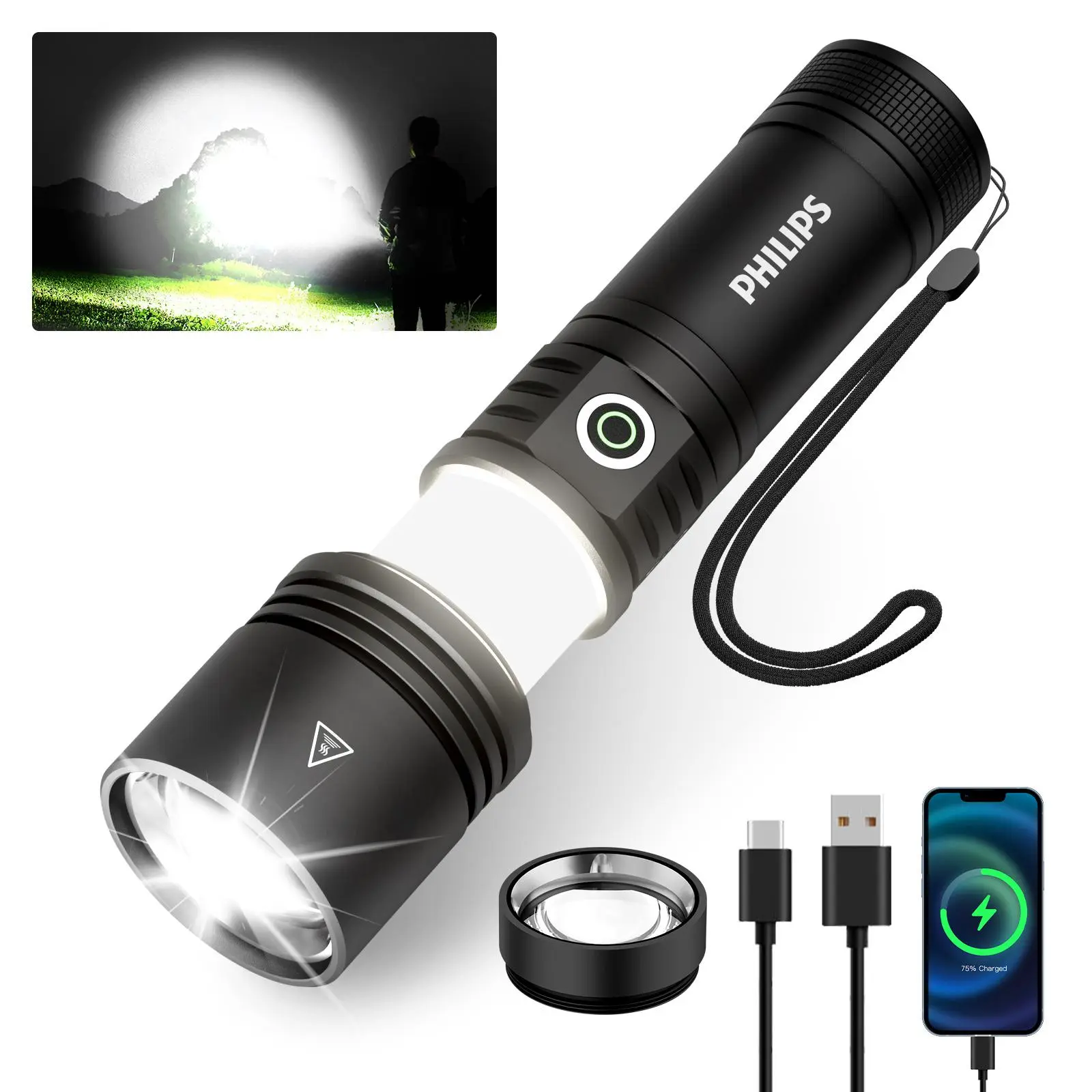 Philips Rechargeable LED Flashlight with Ignition Lens, High Lumens Flashlight, Five Modes, Outdoor Camping Emergency Flashlight - Black#Summervibes