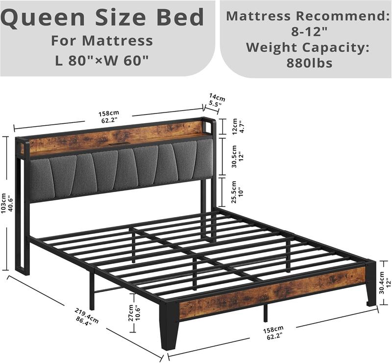 LIKIMIO Bed Frame, Storage Headboard with Charging Station, Solid and Stable, Noise Free, No Box Spring Needed, Easy Assembly