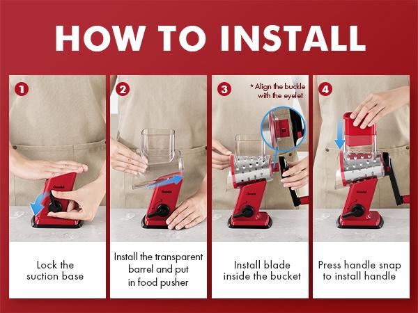 Geedel 4-in-1 Rotary Cheese Grater Multi-Purpose Kitchen Shredder with 4 Interchangeable Blades for Cheese Potatoes Carrots Cucumbers Nuts Chocolate Easy to Clean & Store