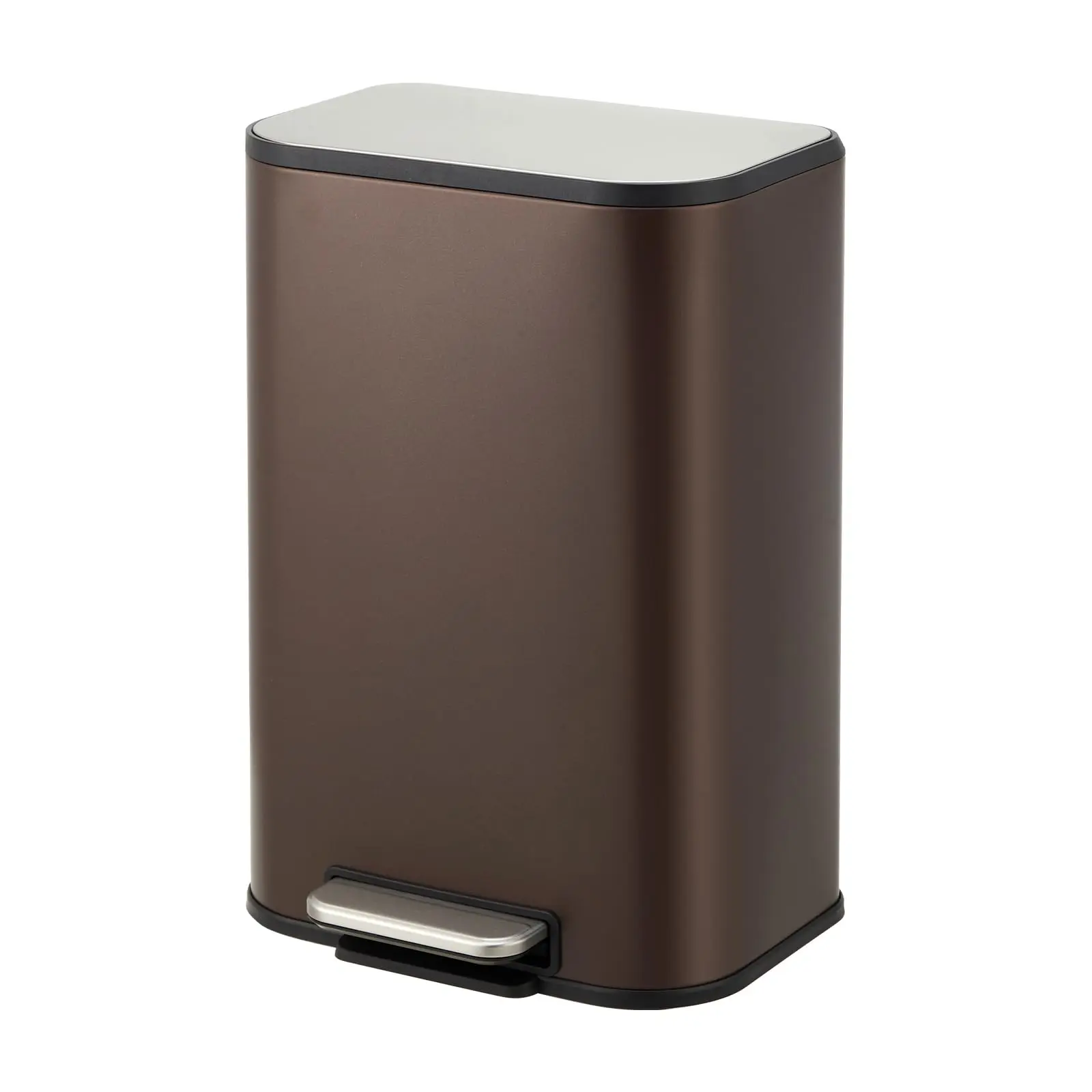 Garvee Small 3.2 Gallon Stainless Steel Trash Can with Soft-Close Lid, Rectangular Step-On Pedal Bin with Inner Bucket for Kitchen, Office, Bathroom, and Living Room in Brown