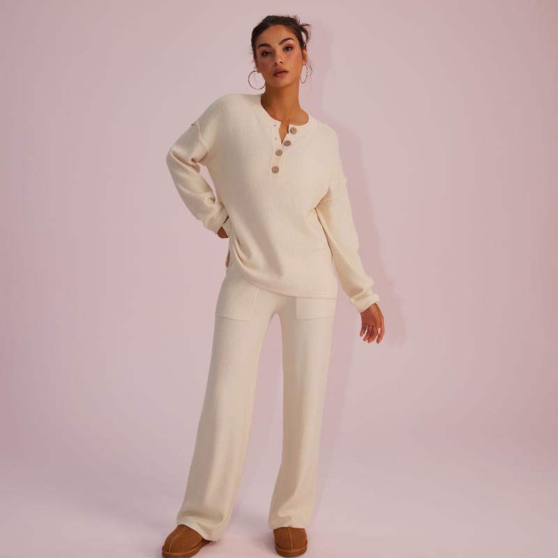 Joyfunear Women's Waffle Knit Loungewear Set - Cozy Button-Front Top & Wide Leg Pants Fit Pajama - Soft Fabric, Chic Design, Perfect for Lounging at Home