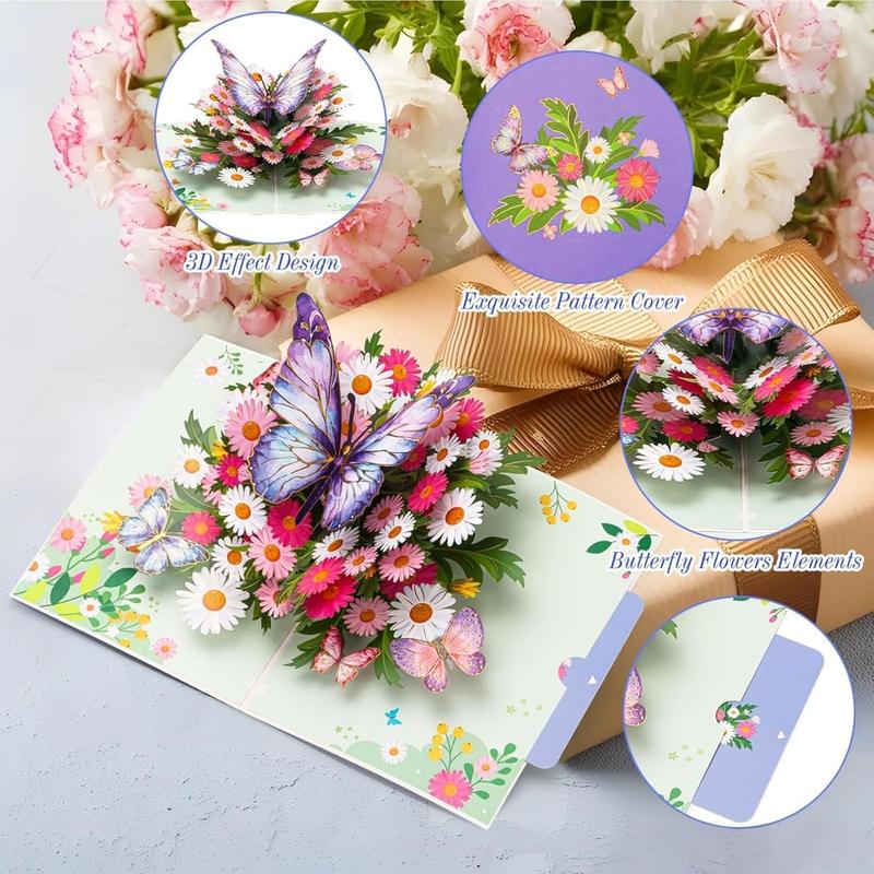 3D butterfly greeting card, 2-piece butterfly and flower three-dimensional card, ideal for Valentine's Day, birthday, wedding, anniversary gifts, for wives, husbands, mothers, women, sisters, grandmothers, children with envelopes