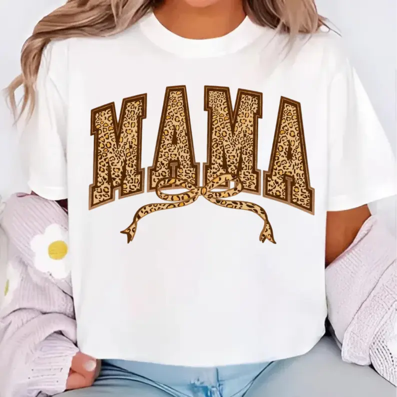 Mama Leopard Print T-Shirt, Coquette Bow Mama Tee, Cheetah Mom Life T-Shirt, Mother’s Day Gift Idea, Trendy Oversized SAHM Top, Aesthetic Graphic Tee, Unisex, Coquette, Casual All Season	