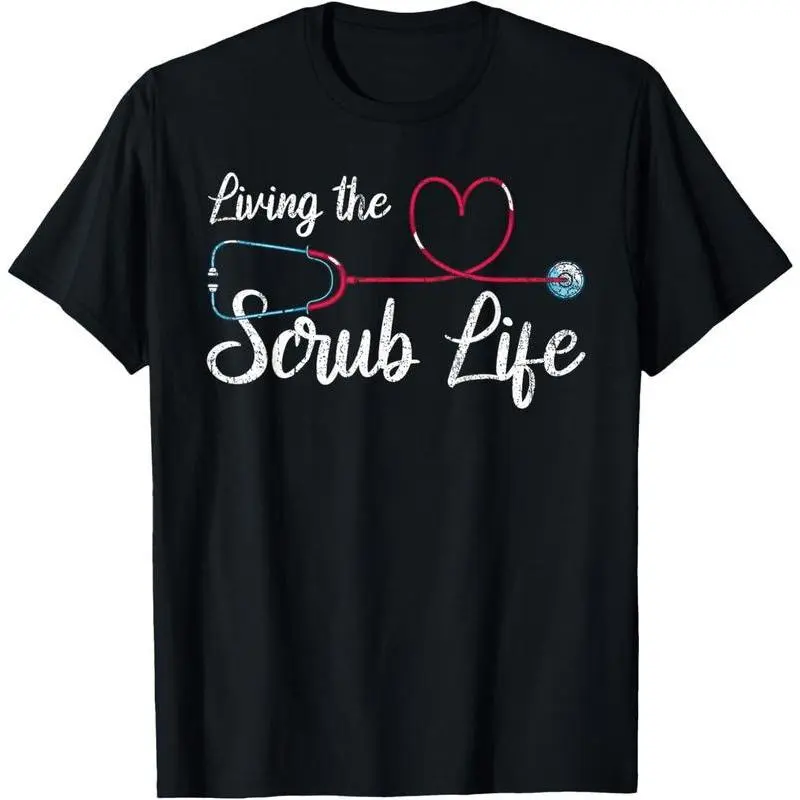 Unisex Scrub Life Nurse Graphic T-Shirt with Stethoscope Heart, Smooth 100% Cotton Short Sleeve Top for Medical Professionals, Seamless