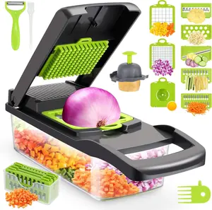 Vegetable Chopper Multifunctional 14-in-1 ABS & Stainless Steel Blades Onion Chopper Slicer Cutter Dicer with 8 Interchangeable Blades Colander Basket Container for Salad Potato Carrot Garlic Easy Clean