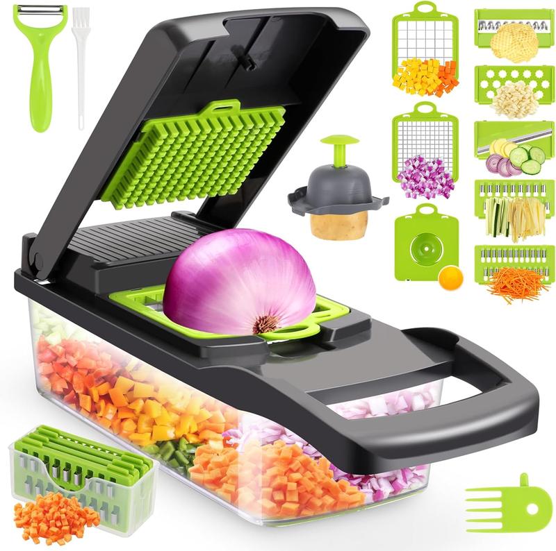 Vegetable Chopper Multifunctional 14-in-1 ABS & Stainless Steel Blades Onion Chopper Slicer Cutter Dicer with 8 Interchangeable Blades Colander Basket Container for Salad Potato Carrot Garlic Easy Clean