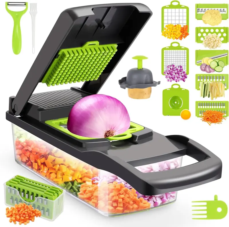 Vegetable Chopper Multifunctional 14-in-1 ABS & Stainless Steel Blades Onion Chopper Slicer Cutter Dicer with 8 Interchangeable Blades Colander Basket Container for Salad Potato Carrot Garlic Easy Clean