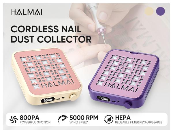 HALMAI Nail Dust Collector, Professional Nail Dust Vacuum with 800Pa Turbo Suction, Rechargeable & Plug-in Options, Brushless Motor, Reusable HEPA Filter, Portable Manicure Dust Collector for Nail Salon & Home