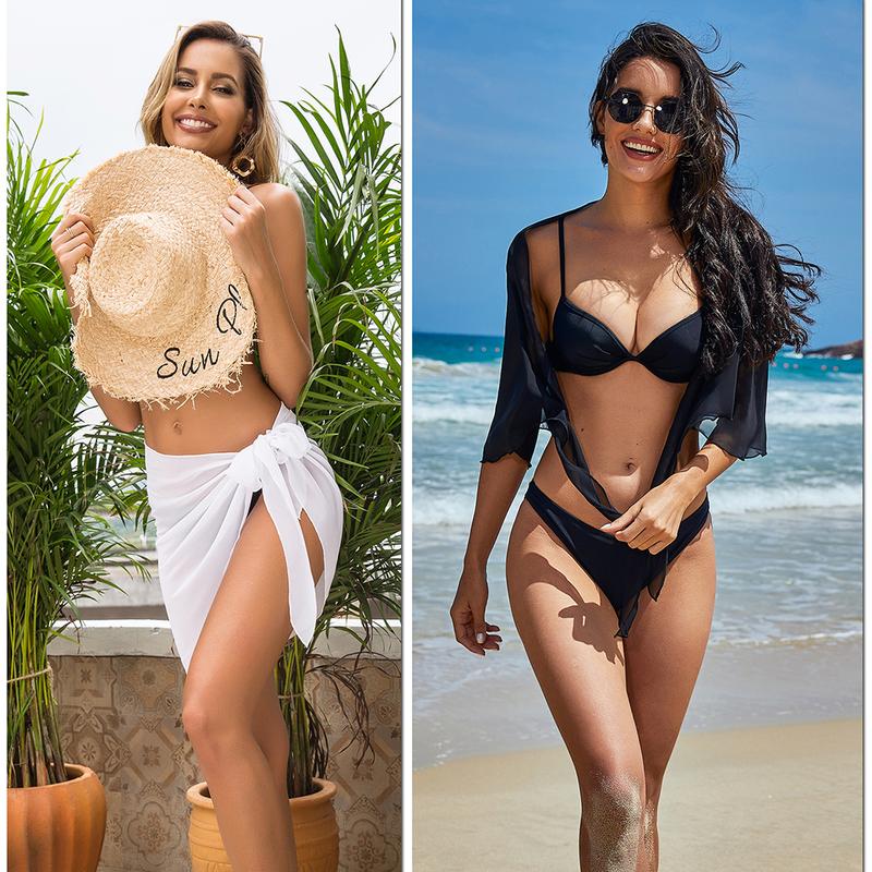 Ekouaer  2 Pieces Women Beach Sarongs Sheer Cover Ups Chiffon Bikini Wrap Skirt for Swimwear S-XXL