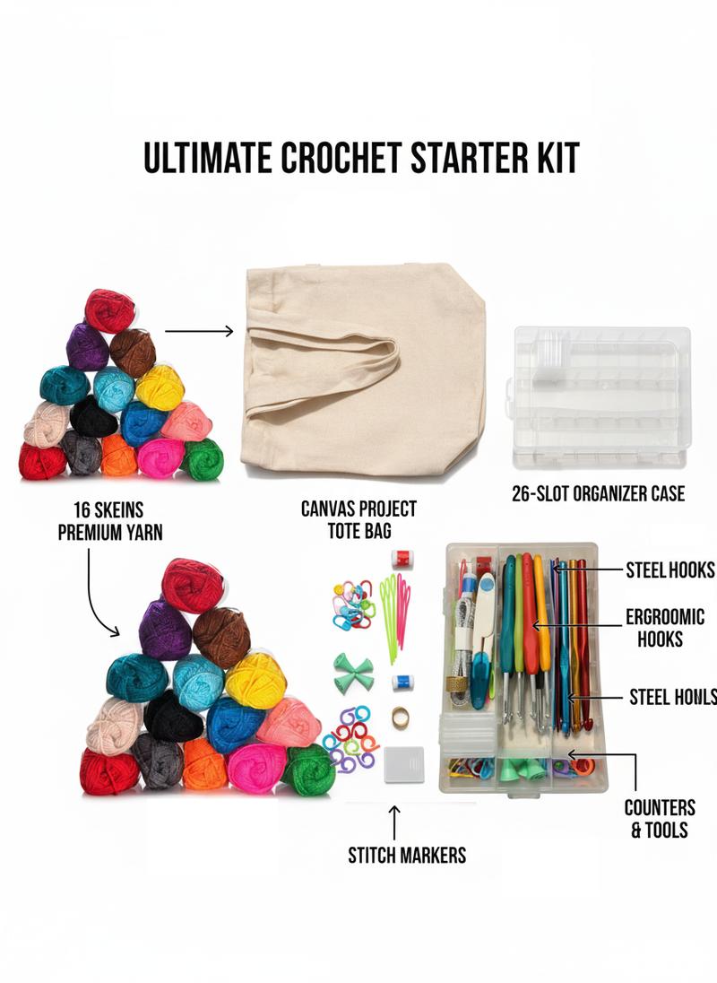 73-Piece Crochet Kit with Hooks, Knitting Needles, Yarn Balls & Tote Bag – Complete Beginner & Professional Set