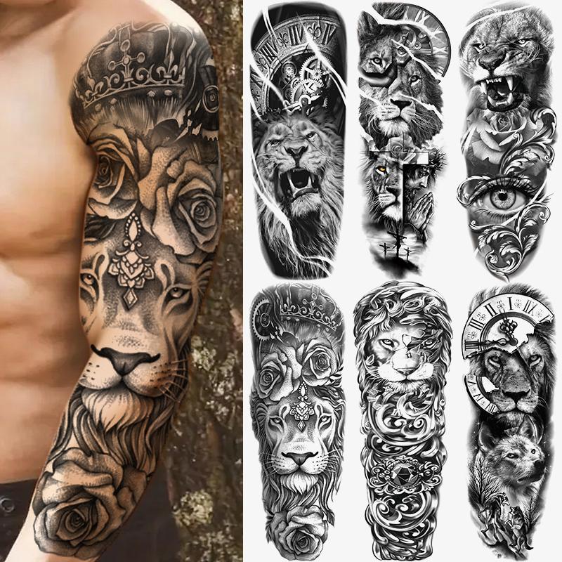 6 Sheets Lion Animal Temporary Tattoo Stickers, Large Full Arm Fake Tattoos for Men Women Adults, Long-Lasting Body Art Makeup