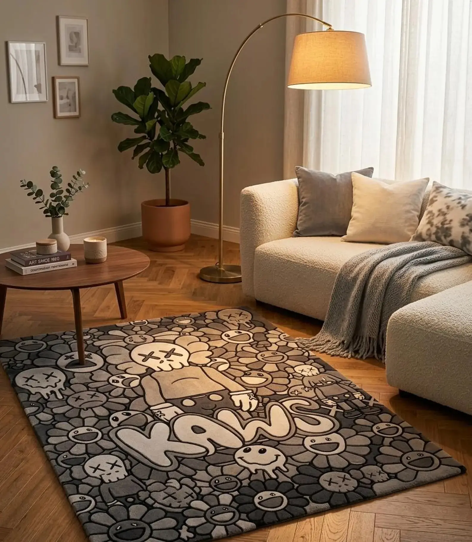 KAWS-Inspired Pop Art Area Rug, Abstract Grey and Black Household Textile Carpet