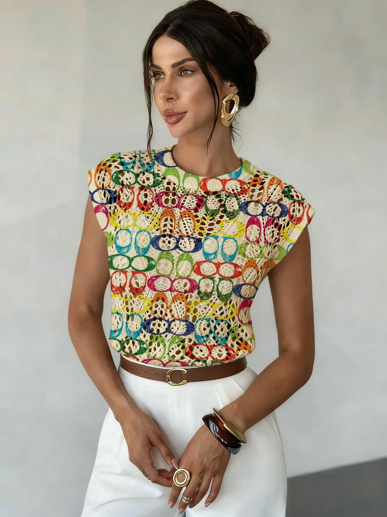 Geometric Pattern Colorblock Print Round Neck Sweater, Aesthetic Casual Sleeveless Knitwear Tops for Spring Summer Fall, Comfortable Warm Women's Clothing, Streetwear Knit Tops
