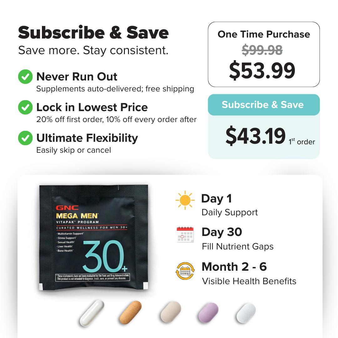 GNC 2-Box Bundle: GNC Mega Men's 30+ Vitapak, 60 day supply, 5-in-1, 30 Count Multivitamin for Stress & Bone Support, Liver Health, Healthcare, Edible Dietary Supplement, Spring Glow Up