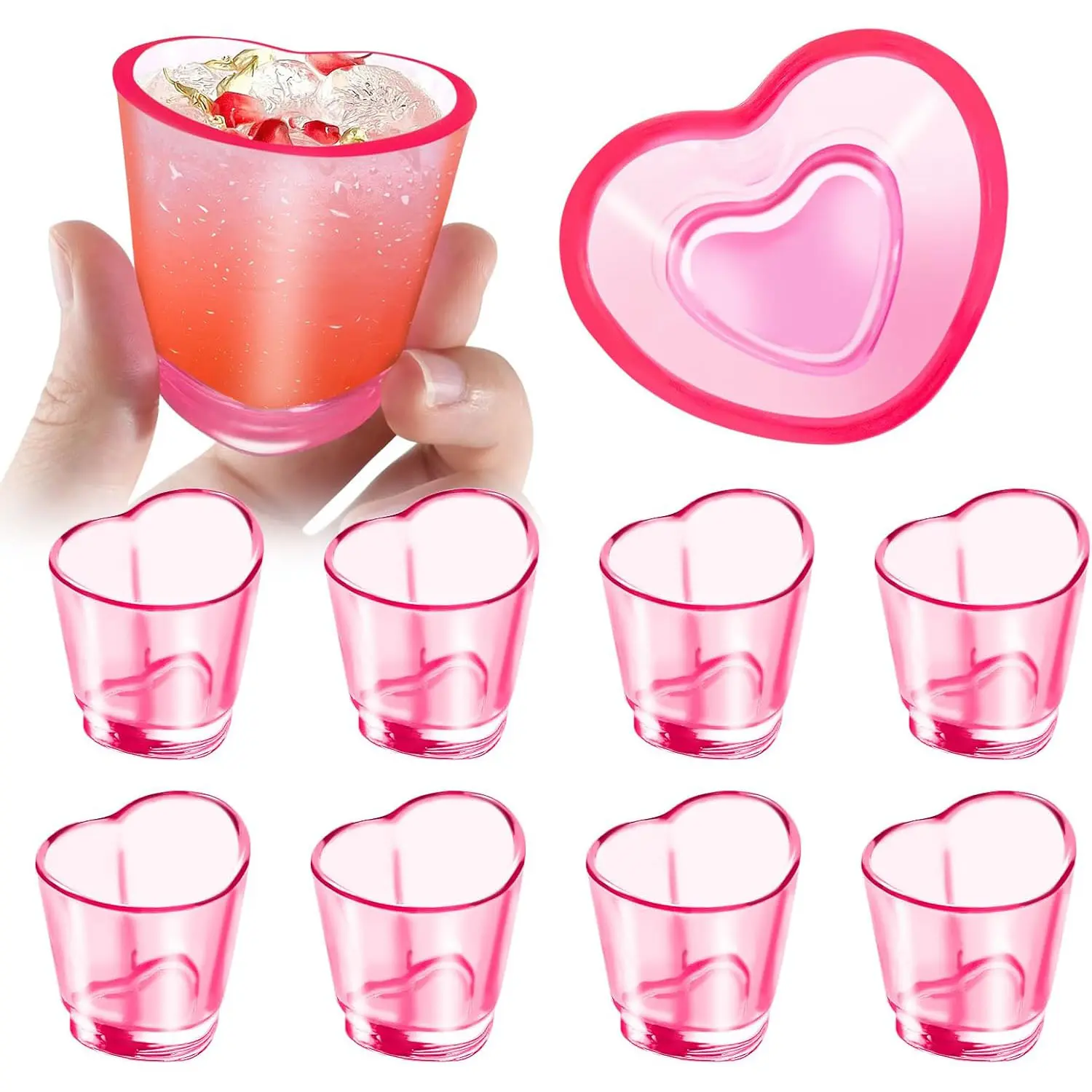 10PCS 1.5oz Pink Shot Glass Set, Cute Heart-Shaped Reusable Plastic Cups, Plastic Cocktail Glasses, Plastic Goblets, Valentine's Day Mini Tasting Glasses For Whiskey, Tequila, Vodka & Spirits, Reusable Martini Glass