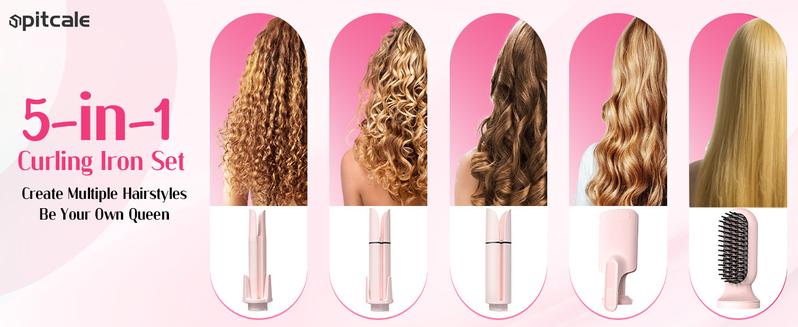 Spitcale 5-in-1 Interchangeable Curling Iron Set 5 Styling Tools 28mm 32mm 40mm Roll Hair Straightener Brush Volumizing Comb & Curling Iron 3 Temp Timer Negative Ions Pink Attachment Spitcale 5-in-1 Interchangeable Curling Iron Set 5 Styling Tools 28mm 32mm 40mm Roll Hair Straightener Brush Volumizing Comb & Curling Iron 3 Temp Timer Negative Ions Pink Attachment