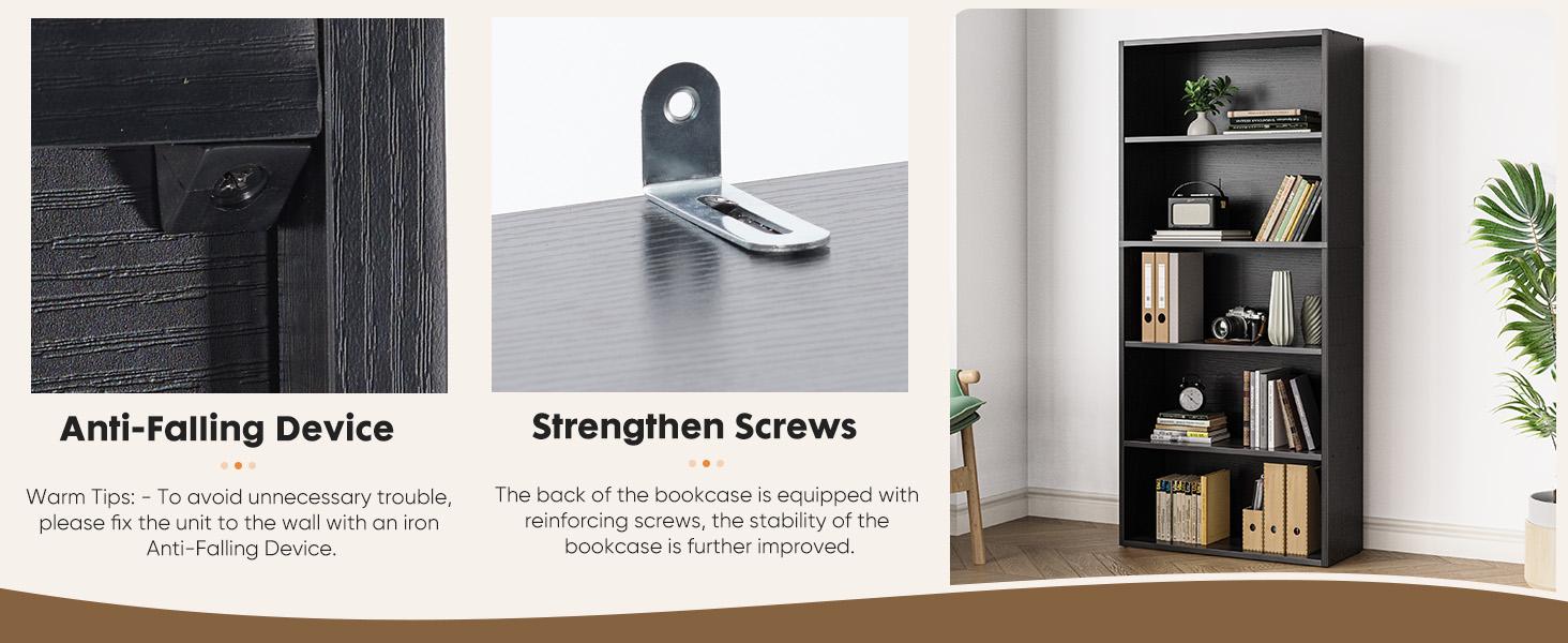 Industrial 5 Shelf Bookcase - Large 53 Inch Tall Floor Standing Open Bookshelf for Home Office, Living Room, and Bedroom Storage