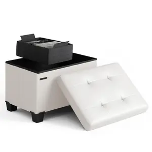 Storage Ottoman Cube with Small Bin, 16-in Square Ottoman with Storage for Living Room and Bedroom, Small Ottomans Foot Rest, Faux Leather Foot Stools Ottomans Max 330lbs, Cream 09 - Cream Leather 11.5"D x 16"W x 10.5"H