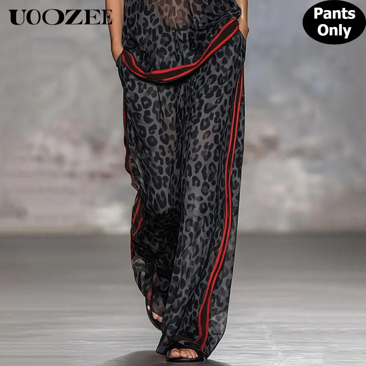 UOOZEE Women's Sporty Leopard Print Palazzo Pants - Breathable Lightweight Chiffon Trousers with Red Stripes, Casual Elastic Waist & Pockets, Matching, Soft, Everyday, Street Style, Statement, Stylish Women's Wear, Fabric, Sporty Chic
