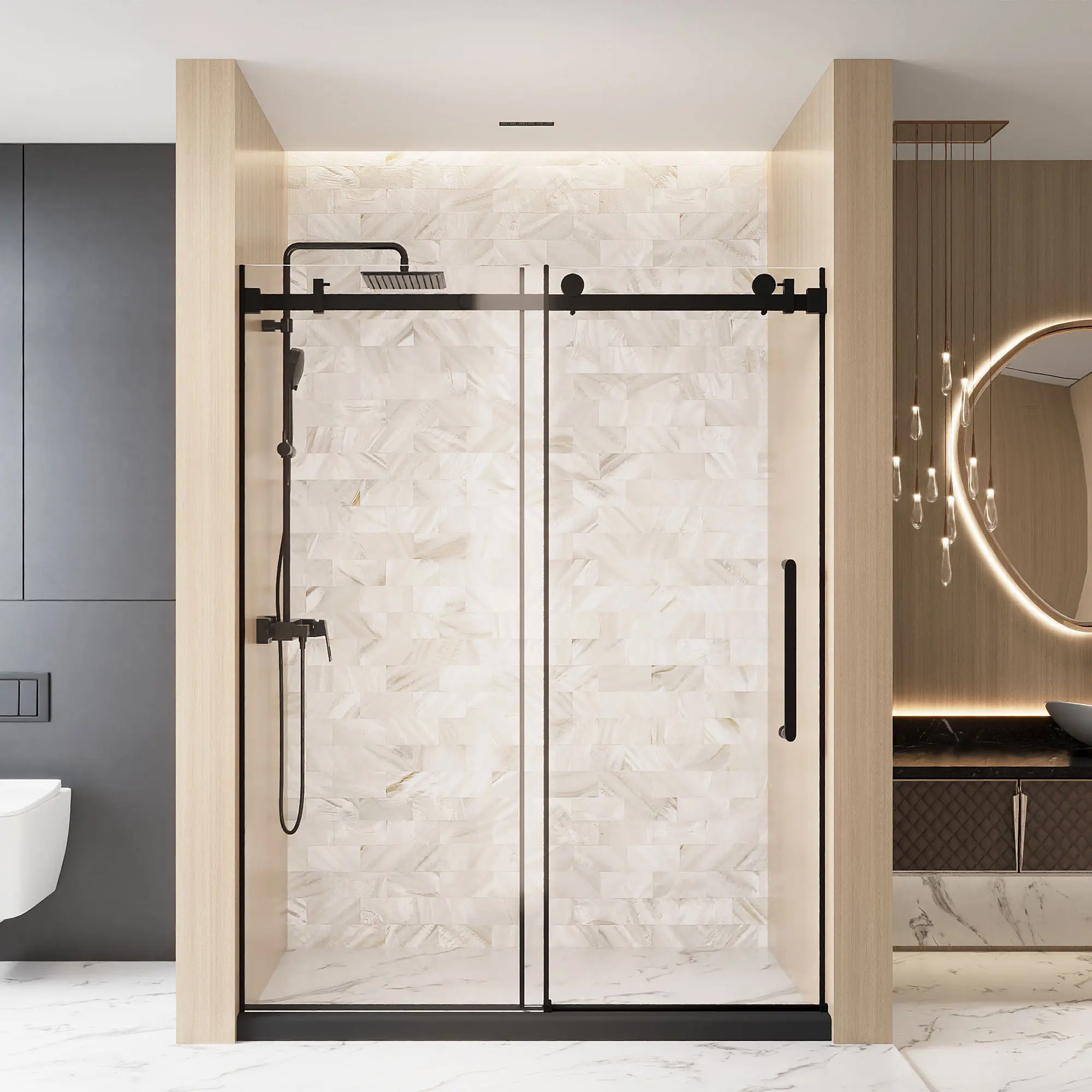56-60"W x 76"H Frameless Single Sliding Shower Door with 1/4" Clear Tempered Glass, Explosion Proof Film, Stainless Steel Handle, Square Tube Track, Matte Black – Adjustable Width, Sliding Bathroom Door