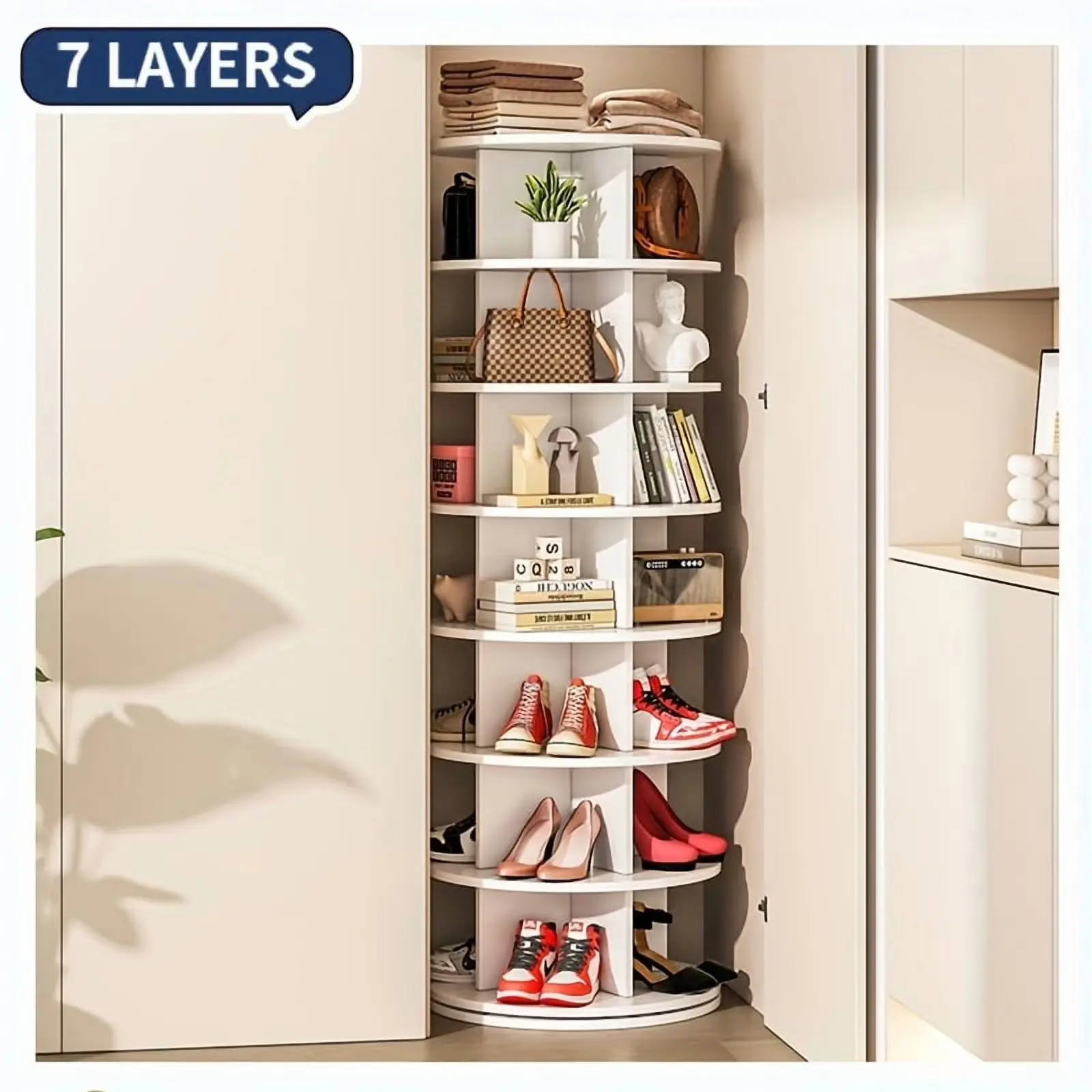 7-Tier Free Standing Multifunctional Shoe Rack - 360° Spinning Shoe Storage Organiser, Lazy Susan Closet Storage Solution, Vertical Carousel Indoor Furniture Shelf