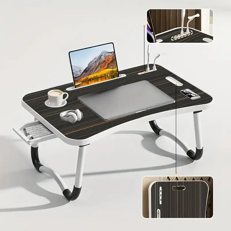 Portable Foldable Laptop Bed Table with 3 Port USB, Storage Drawer and Cup Holder, Laptop Desk Stand Tray for Eating, Reading and Working (Without USB,Fan)
