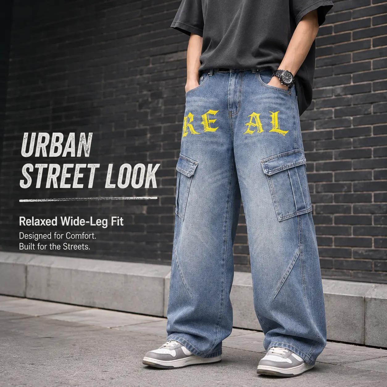 Men's Baggy Cargo Jeans - Wide Leg, Utility Pocket, Washed Denim, Sporty, Breathable, Casual Streetwear Pants - Cold Wash Only
