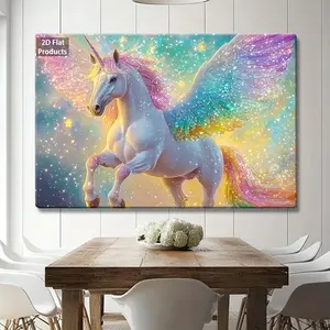2D Flat, izable Framed Wall Art - Winged Unicorn with Rainbow Mane & Tail, Iridescent Glitter-like Effect, Sizes Available, Room Decor,, Living Room, Bedroom - Picture Framing Service, 2D Flat	