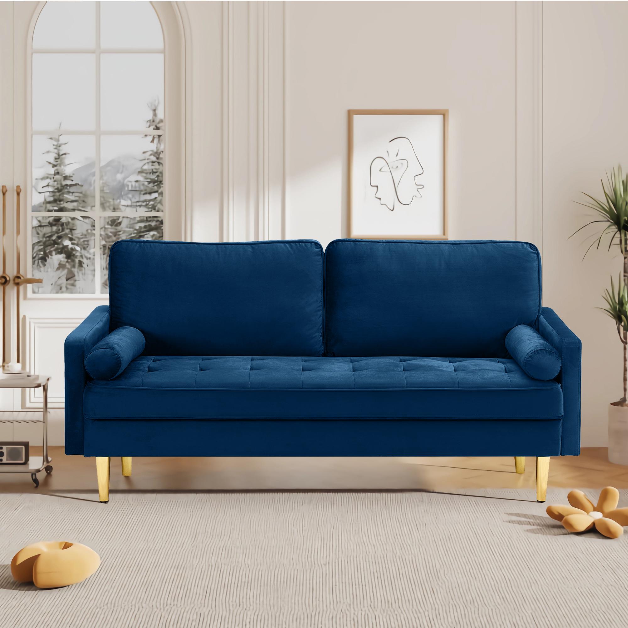 【HolidayHaul】66" Modern Velvet Loveseat Sofa - Mid-Century Tufted 2-Seater Couch with Golden Legs & Pillows, Aesthetic Lounge Furniture for Compact Space, Living Room & Apartment Interior (Green)