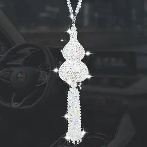Crystal Gourd Car Charm Rhinestone Pendant with Tassel Rearview Mirror Decor for Women Car Decor
