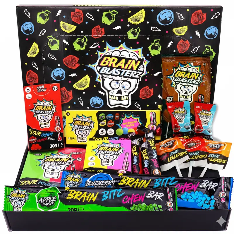 Christmas Candy Gift Box – Extreme Sour Candy Variety Pack - 14pc Holiday Collection with Lollipops, Taffy & Powder – Vegan & Halal – Fun Xmas Present, Stocking Stuffer, Birthday Treats