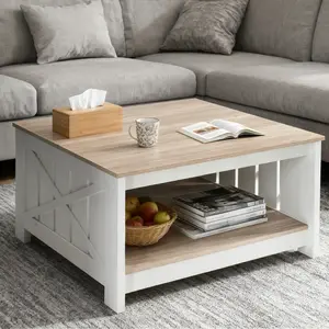 Square Coffee Table with Half Open Storage, Farmhouse Cocktail Table Square Coffee Table with Half Open Storage, Farmhouse Cocktail Table
