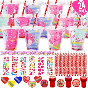 Valentines Day Gifts for Kids - 24 Pack Valentines Day Stationery Gift with Cards Pencils Stickers Erasers Stampers Sharpener Cups Classroom Prize School Exchange Boys Girls Party Favors
