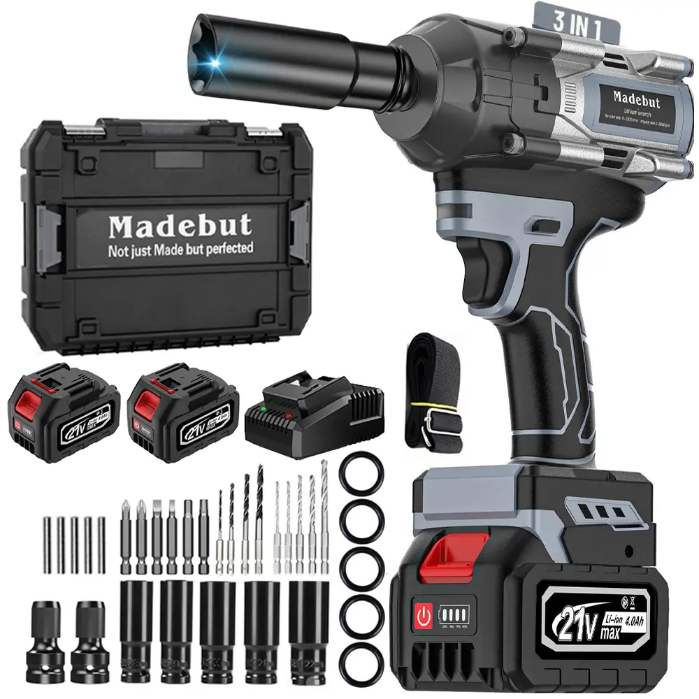 1000N.m Cordless Impact Wrench, All-Metal Cordless Impact Gun with 2 * 4.0Mah, 3-IN-1 Electric Impact Wrench with 5 Sleeves Power Tools