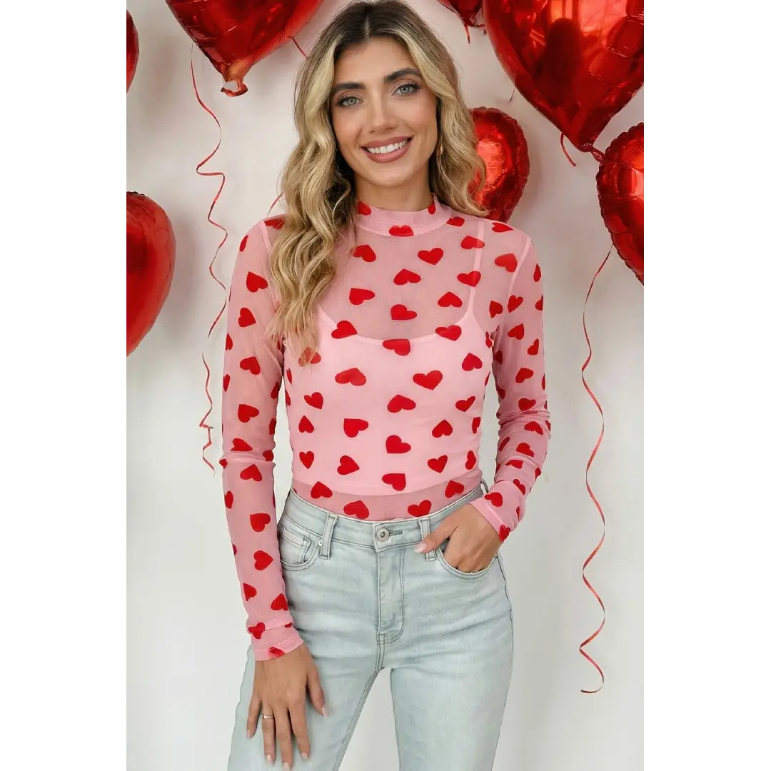 Heart Printed Mock Neck Sheer Mesh Long Sleeve Top