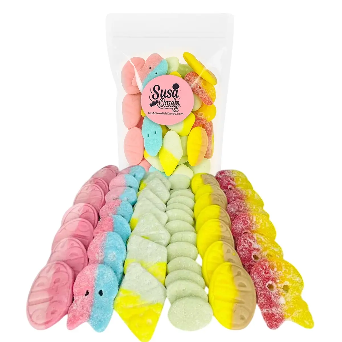 Swedish Bubs Gummies Sweet Sour Mix 1 lb Bag Skulls Ovals Banana Bubs Bonbons Vegan Gluten Free Sugar Free Snack
