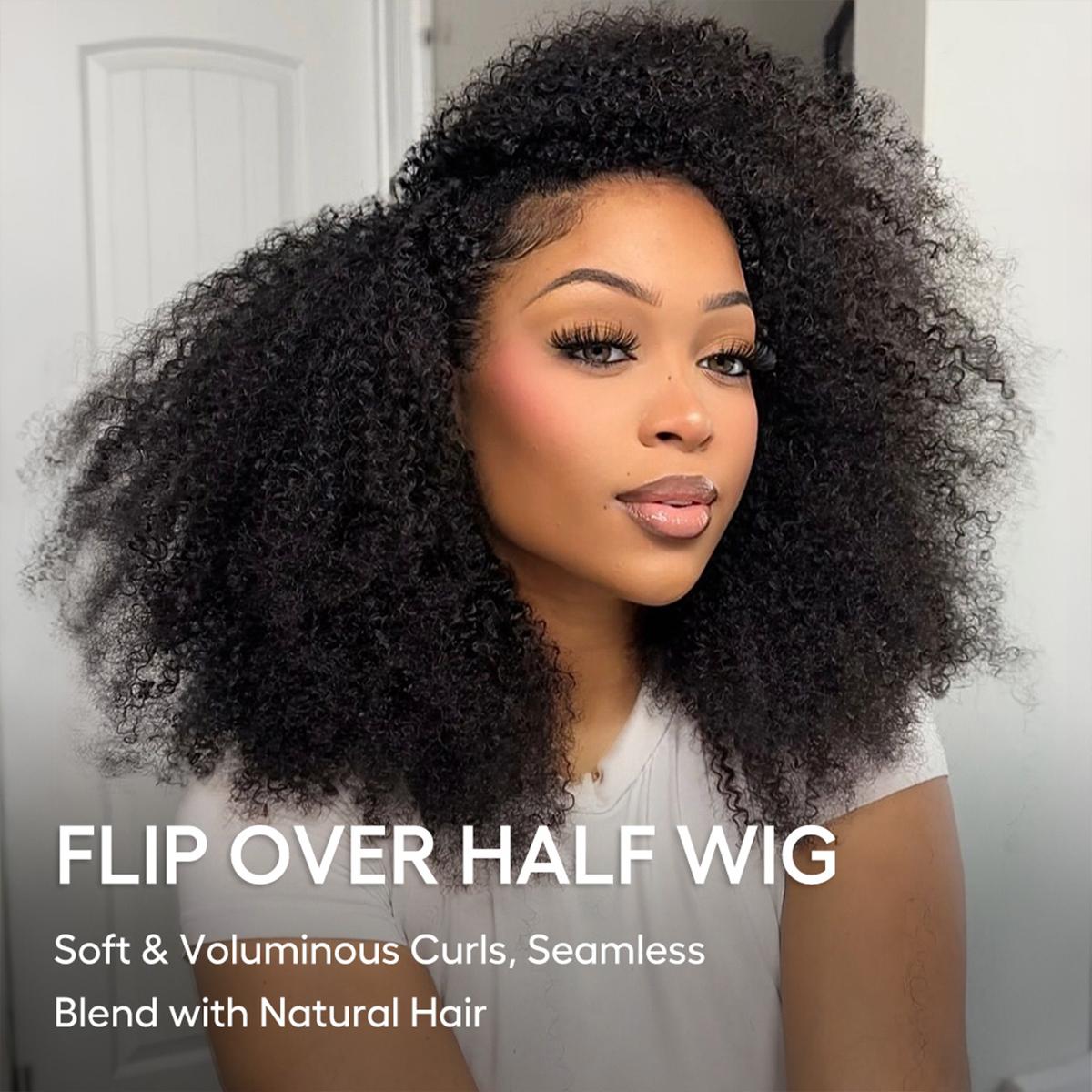 【New Arrival】Afro Kinky Curly Half Wig Flip Over Wear Go Glueless Wig Salon Quality 200 Density 100% Human Hair Drawstring Wig for Beginners #TikTokShopBackToSchool Hair Clip Set