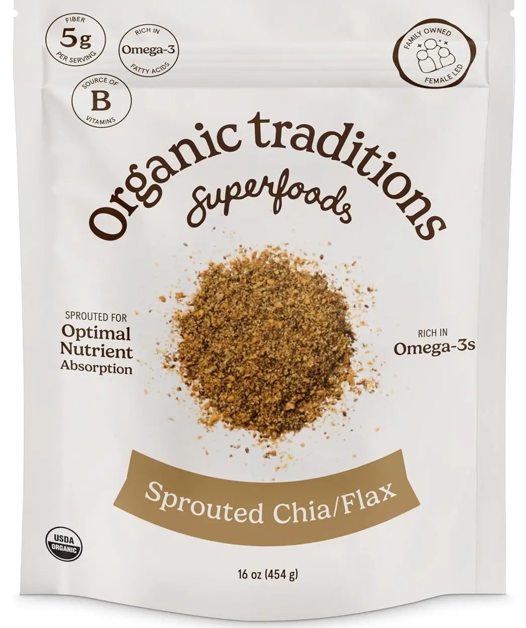 Organic Traditions Sprouted Chia and Flax Seed Powder Organic Chia and Organic Flax for Plant Based Non-GMO Superfood 454g/16oz Bag