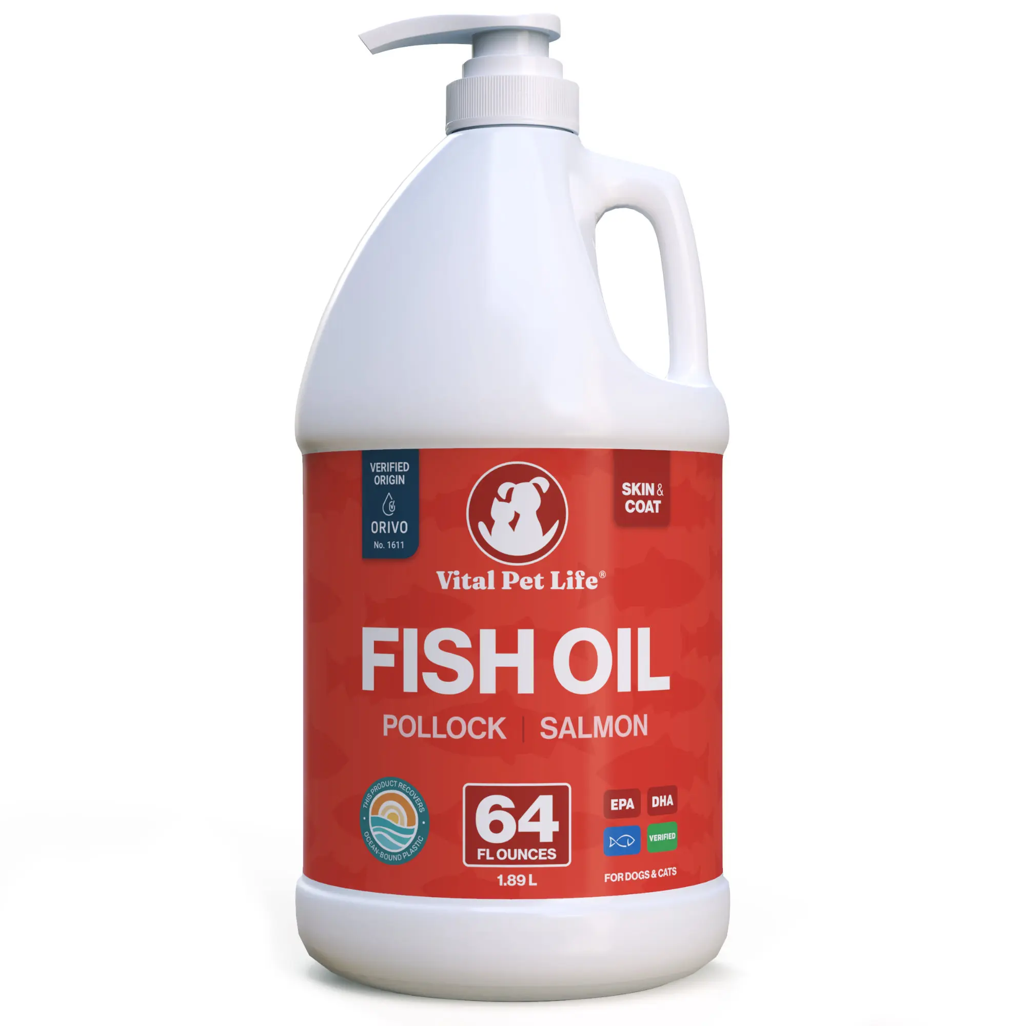 Fish Oil for Dogs - Healthy Skin & Coat, Soft Shiny Glossy Coat, Salmon & Pollock Omega 3 EPA DHA, Immune System & Heart Function Support, Normal Shedding, Liquid Supplement for Pets, 64 oz