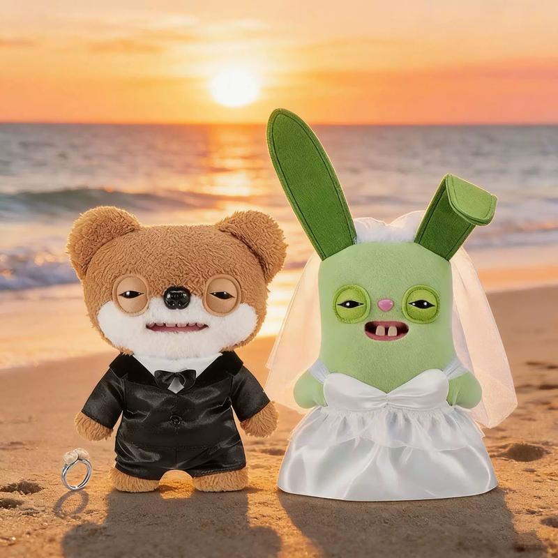 【Valentine's Day Limited Edition】Fuggler Wedding Day Plush Set - Adorable Bear Groom & Green Bunny Bride with Ring - Perfect for Weddings and Gifts
