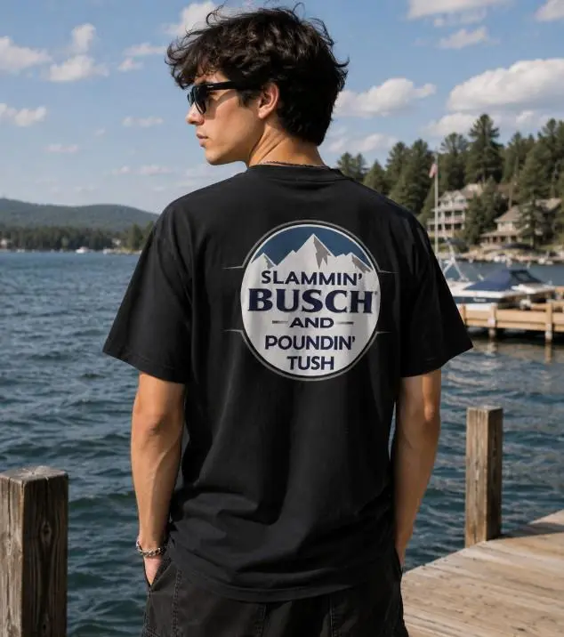 Youth and Adult Slammin Busch and Poundin Tush Graphic T-Shirt, Funny Beer Drinking Tee, Vintage Oversized Unisex Casual Streetwear Shirt