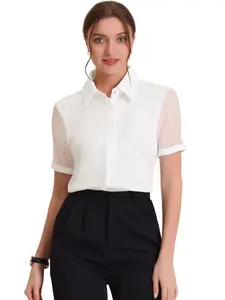INSPIRE CHIC Sheer Short Sleeve Point Collar Button Down Shirt Top