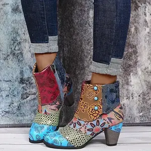 Stylish Floral Pattern Ankle Boots - Side Zipper, Chunky Heel, Round Toe, Versatile, Comfortable, Casual, Easy Slip-On Design - Perfect for Daily Wear, Outdoor Activities, and Special Occasions  Girl Women Footwear Shoe Walking Shoes Rubber Flower Decor