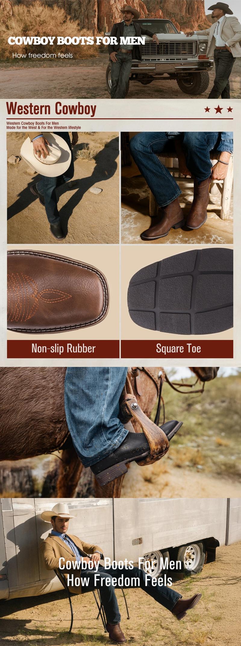 【PlusSize】Eleet Cowboy Boots For Men - Mens Square Toe Western Botas With Flag, Para Hombre Vaqueras Suitable For Daily Classic Design Soft Toe