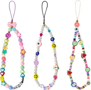 3 Pieces Smile Face Beaded Phone Lanyard Wrist Strap Fruit Star Letter Pearl Handmade Rainbow Polymer Clay Acrylic Beads Pearl Bracelet Keychain for Women