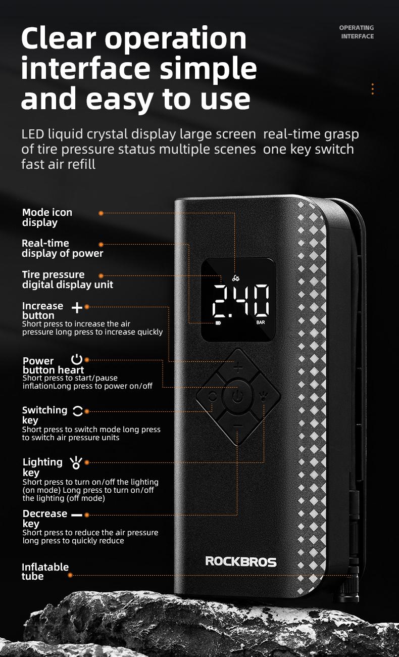 ROCKBROS A13 Mini Wireless Handheld Tire Inflator Tool, 150PSI High Pressure Portable Inflator, 2000mAh Smart Control Fast Inflation Cycling Air Pump with LED Light, Wireless Tire Inflator