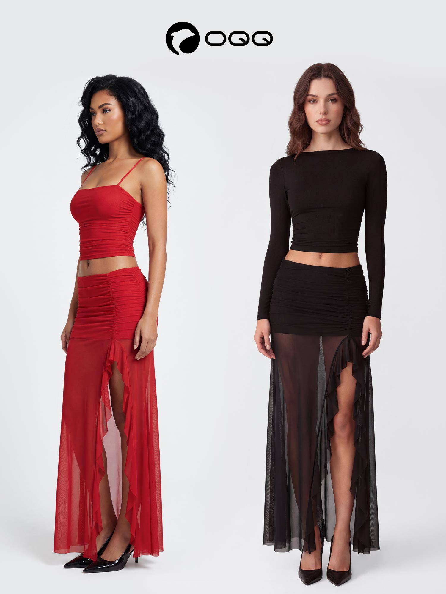 OQQ-Nine cents Sheer Mesh Irregular Split Maxi Skirt - High Waist Ruched Beach Vacation Cover-Up