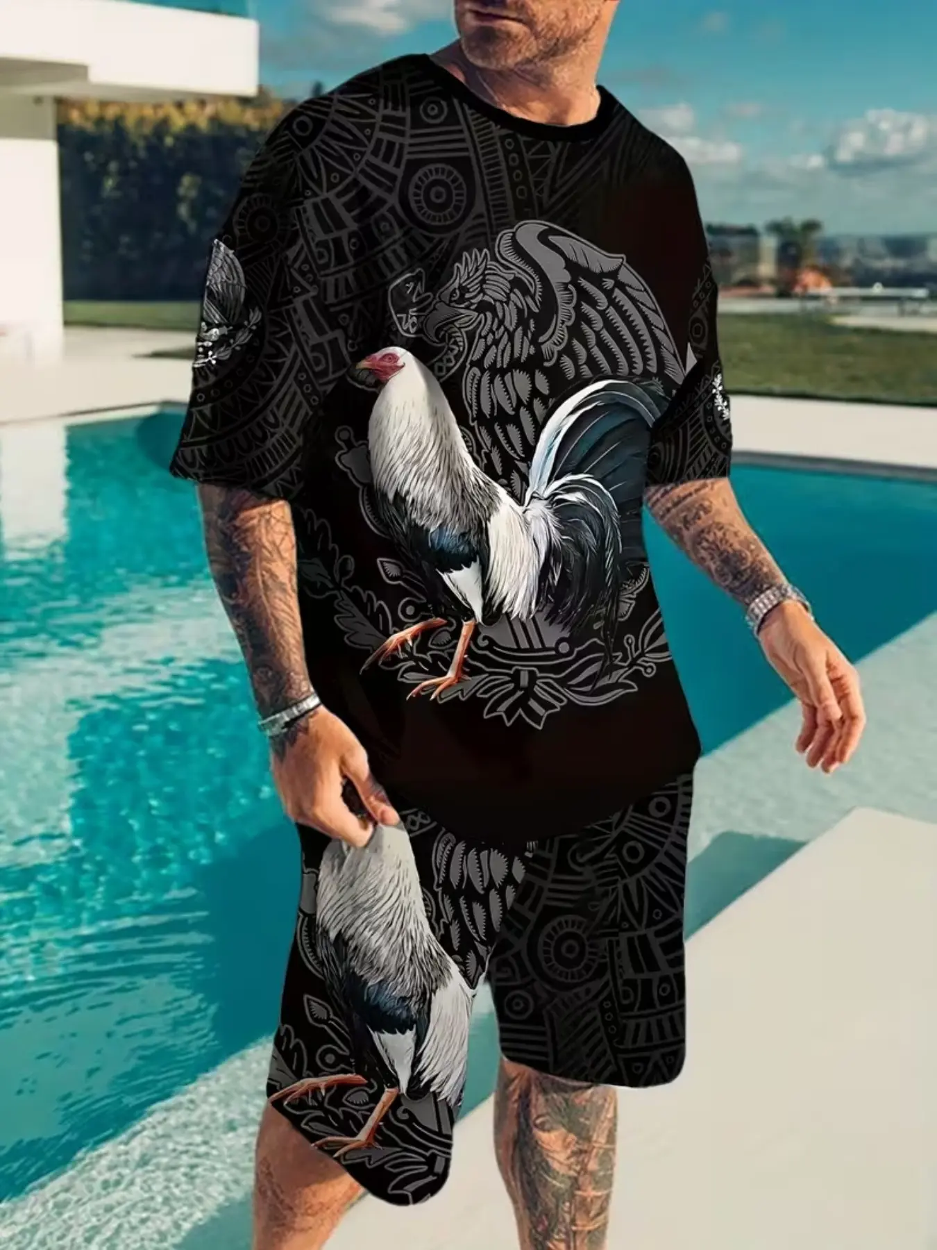Men's Fashion Mexican Rooster 3D Print Casual Sports Set, Sporty Casual Set, Round Neck Cropped Tee & Short Pants, Breathable Polyester Fiber, Summer, Outdoor, Sporty Casual Wear