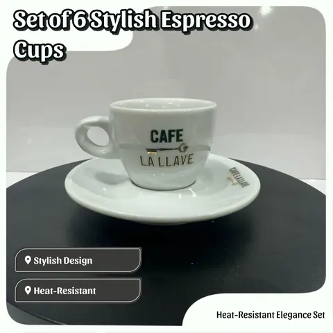 Elegant Set of 6 Espresso La Llave Cups with Saucers for Coffee Drinks - Stylish Design - Metal Stand or Capsule box are not Included Drinkware Tumblers Mug
